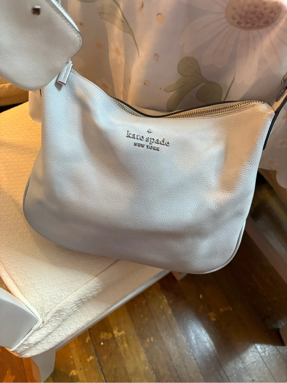 kate spade Pale Gray Pebbled Leather Shoulder Bag with Striped Strap